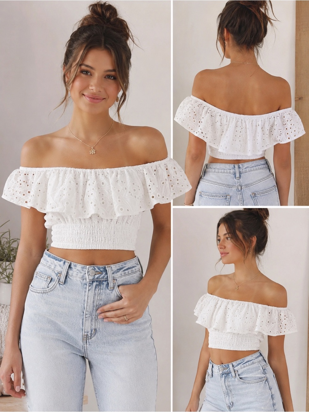 Altar'd State White Off-Shoulder Eyelet Ruffle Crop Top